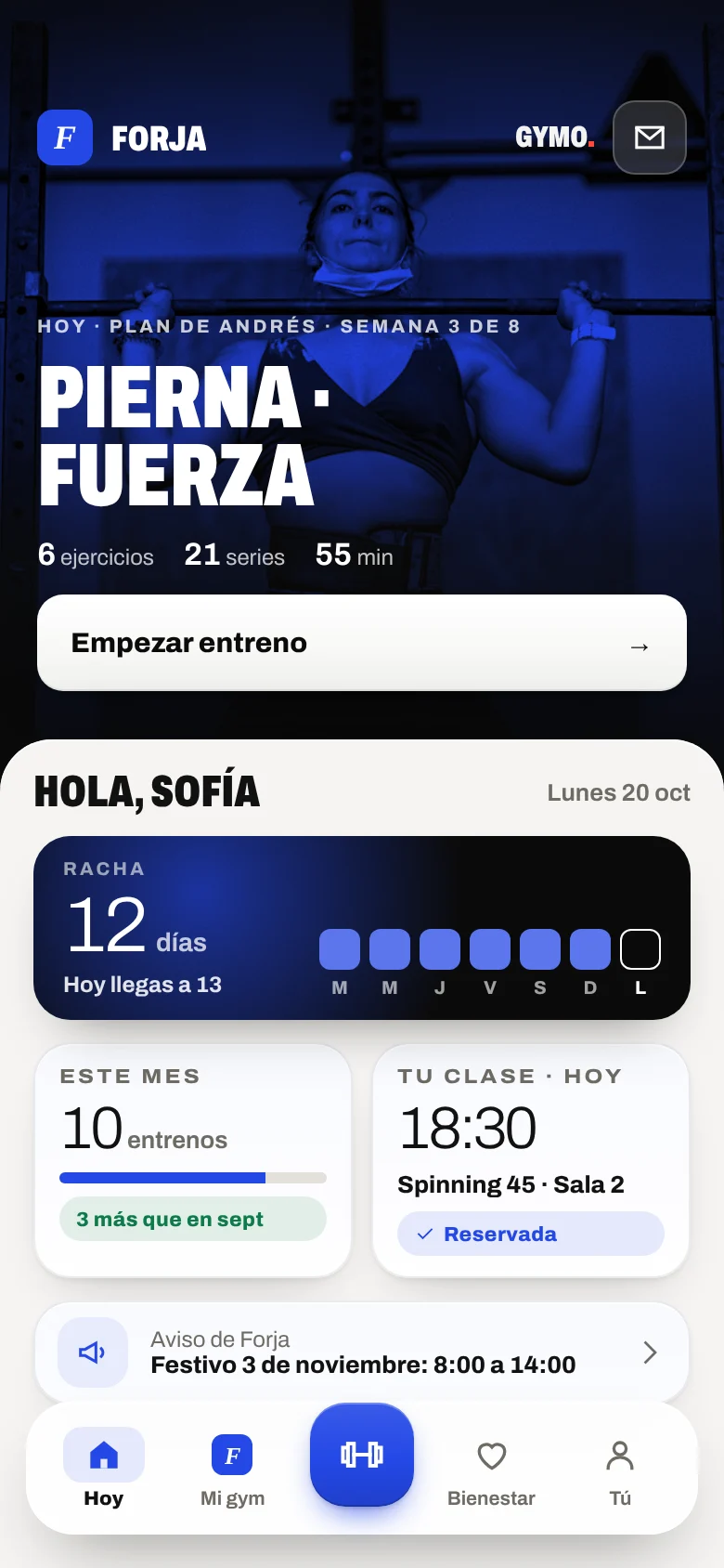 Pantalla «Hoy» en la app del socio
