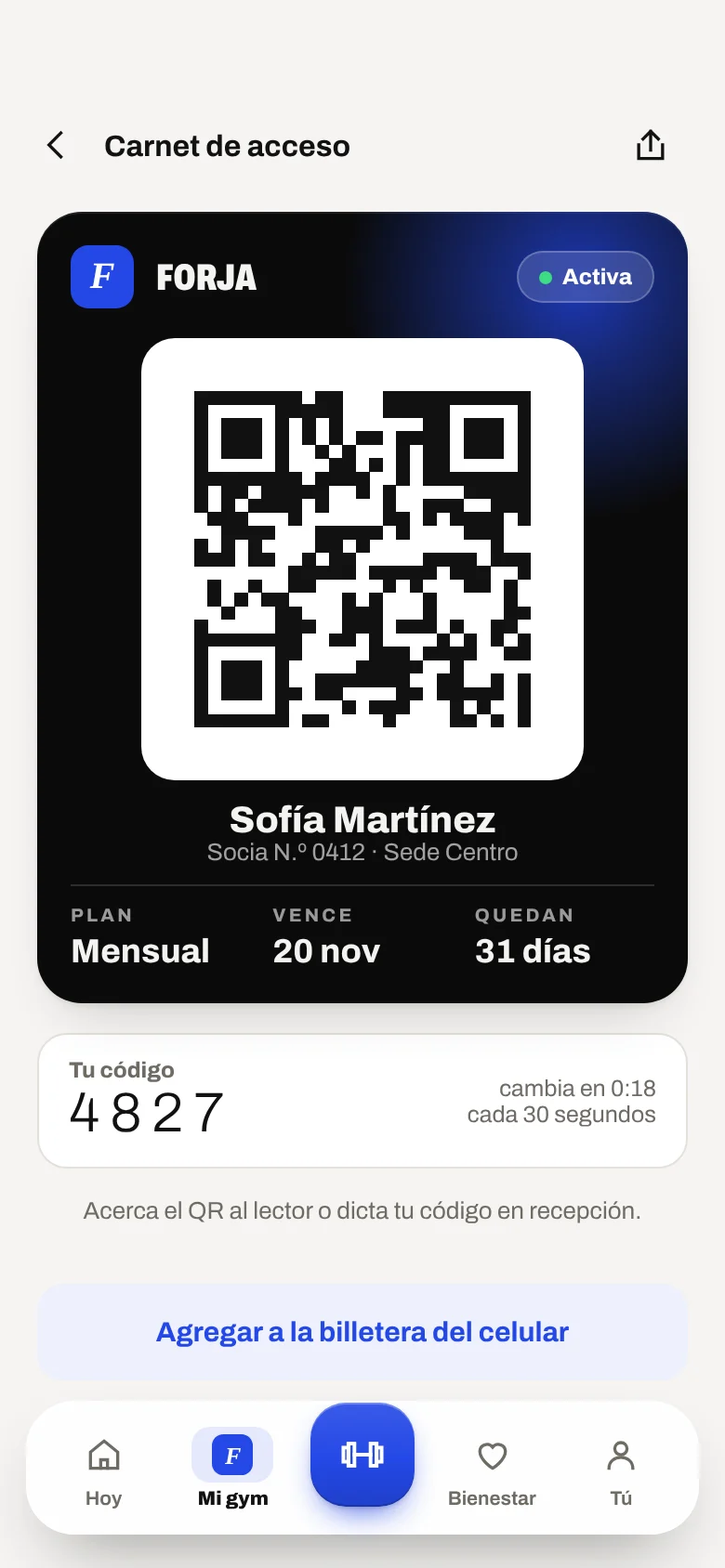 Carnet digital en la app del socio