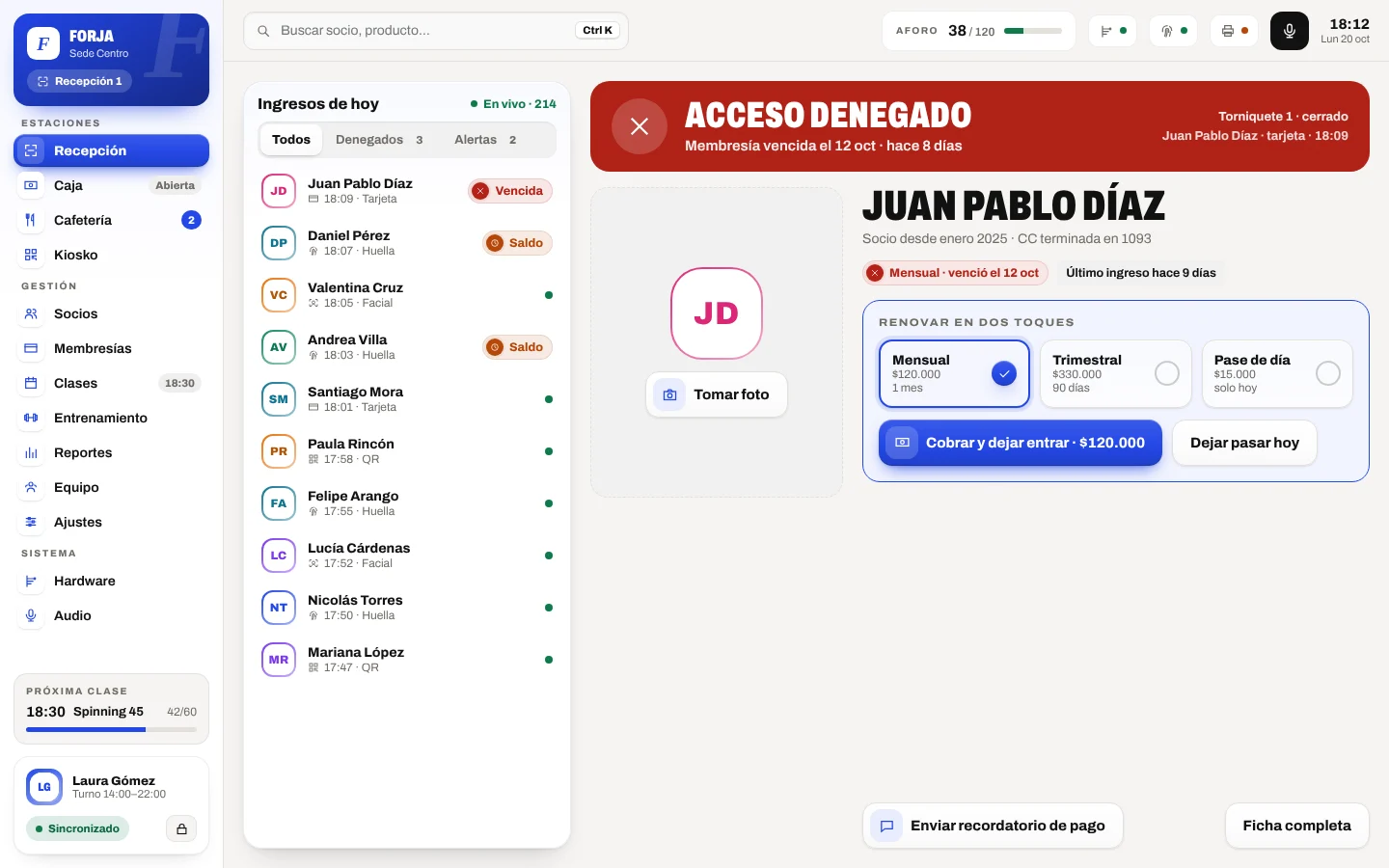 Recepción: acceso denegado por plan vencido